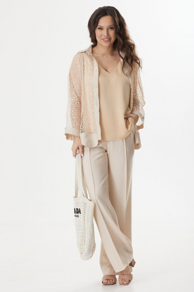 Элегантный комплект из блузы, топа и брюк из поливискозы Магия моды 2414 бежевый - фото 4