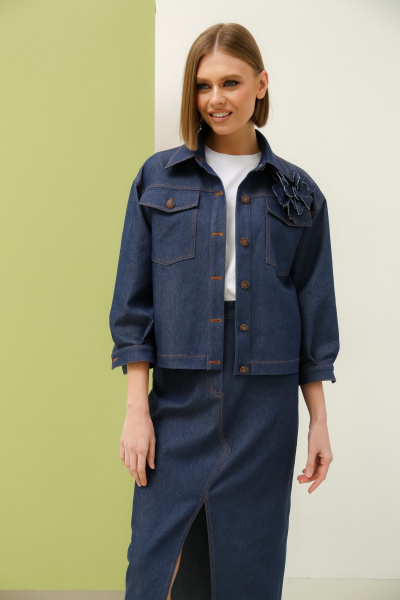 Джинсовый костюм жакет и юбка свободного силуэта PUR PUR 11-286/1 синий - фото 2