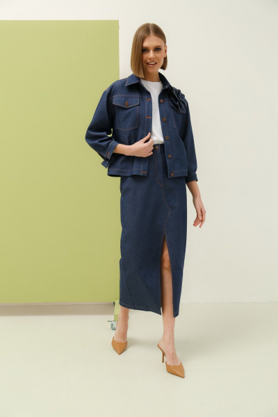 Джинсовый костюм жакет и юбка свободного силуэта PUR PUR 11-286/1 синий - фото 1