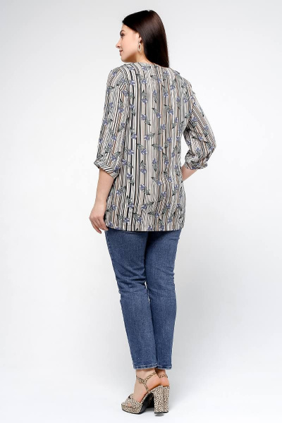 Блуза из вискозы с жабо и сборками в мультиколор La rouge 6160 полоска-(цветы) - фото 2