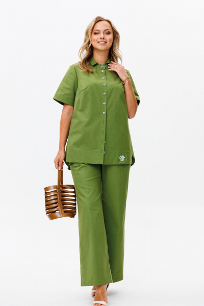 Летний костюм из льняной ткани с блузой и брюками Mubliz 167 фисташка - фото 13
