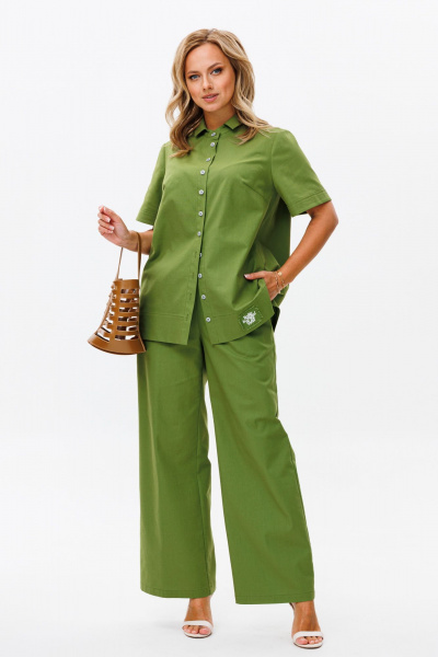 Летний костюм из льняной ткани с блузой и брюками Mubliz 167 фисташка - фото 1