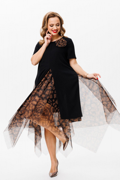 Летнее нарядное платье из сетки и трикотажа с многослойным низом Mubliz 161 черный_леопард - фото 4