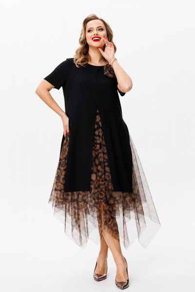 Летнее нарядное платье из сетки и трикотажа с многослойным низом Mubliz 161 черный_леопард - фото 3