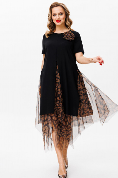 Летнее нарядное платье из сетки и трикотажа с многослойным низом Mubliz 161 черный_леопард - фото 1