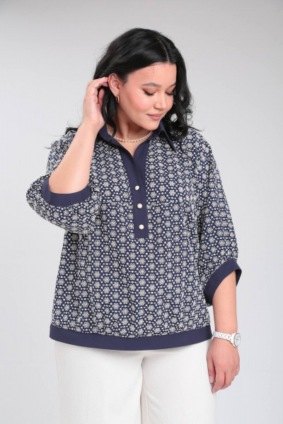 Блузон из вискозы с декоративной планкой и сборками Lady Secret 0204 синий+бежевый - фото 2