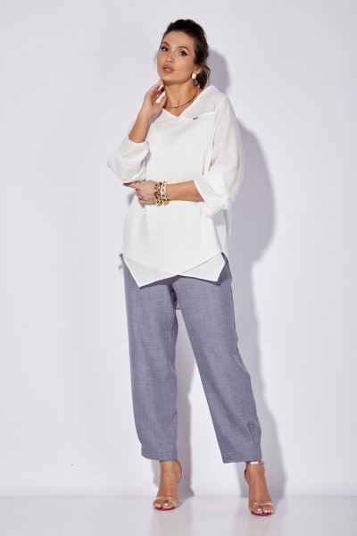 Комплект блузка и брюки прямого силуэта с запахом лето Anastasia 1101 белый/голубой - фото 1