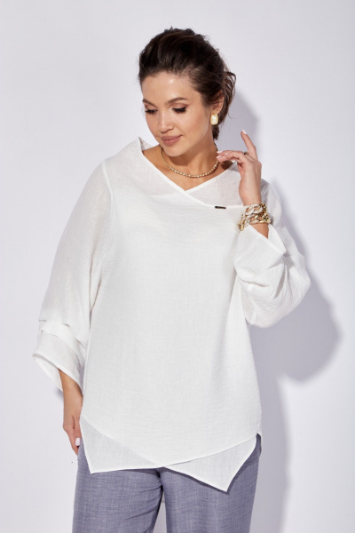 Комплект блузка и брюки прямого силуэта с запахом лето Anastasia 1101 белый/голубой - фото 5