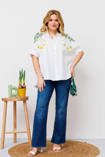 Белая хлопковая блузка с коротким рукавом и яркой вышивкой BRELA 2339 медуза_белый - фото 3