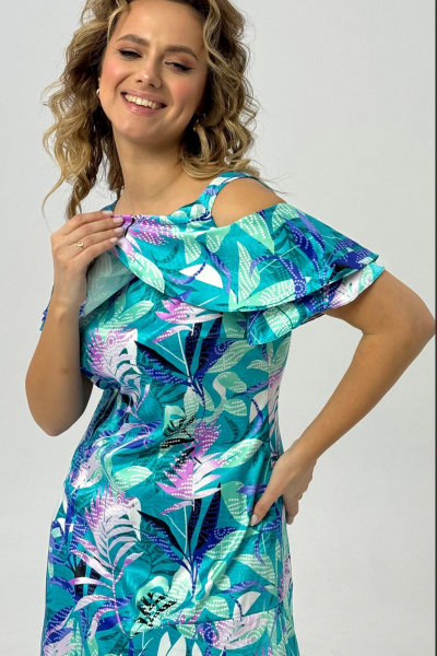 Круглогоднее платье с открытыми плечами из текстиля Condra 2414 бирюзовый-мятный - фото 4