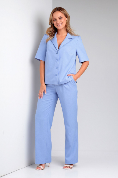 Брюки и жакет прямого силуэта из ленового текстиля для повседневности Liona Style 857 голубой - фото 1