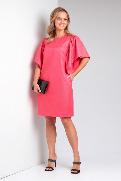 Платье с объемными рукавами и расклешенной нижней частью из текстиля Liona Style 870 коралл - фото 3