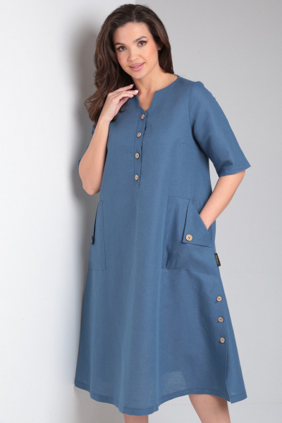 Льняное миди платье с вырезом и нагрудными накладными карманами Celentano lite 5026.1 синий - фото 8