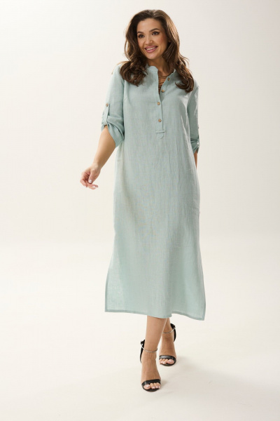 Платье из лен-трикотажа с разрезами и застежкой на пуговицы MALI 424-004 бирюза - фото 4