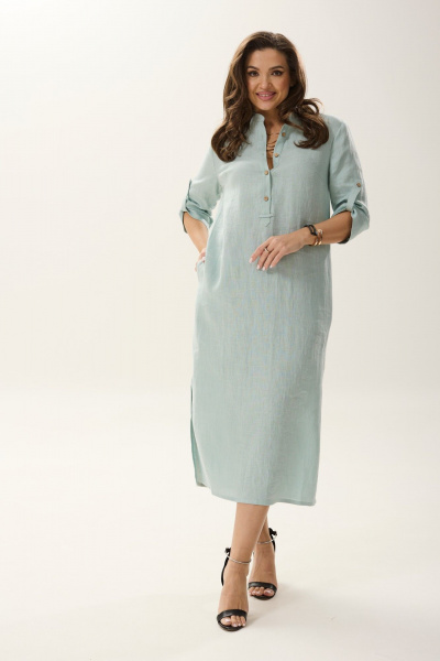Платье из лен-трикотажа с разрезами и застежкой на пуговицы MALI 424-004 бирюза - фото 2