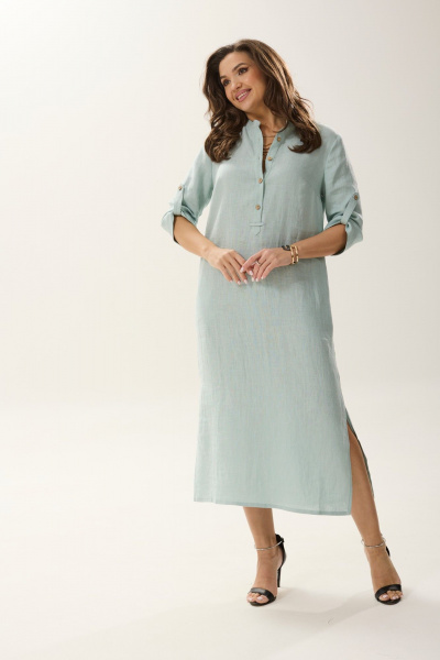 Платье из лен-трикотажа с разрезами и застежкой на пуговицы MALI 424-004 бирюза - фото 1