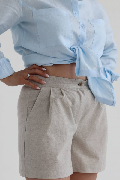 Шорты короткие из льна с карманами и поясом SK Brand SK7168 серо-бежевый - фото 1