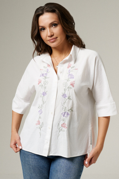 Блуза из хлопка с воротником-стойкой и разрезами Панда 177647w белый - фото 2