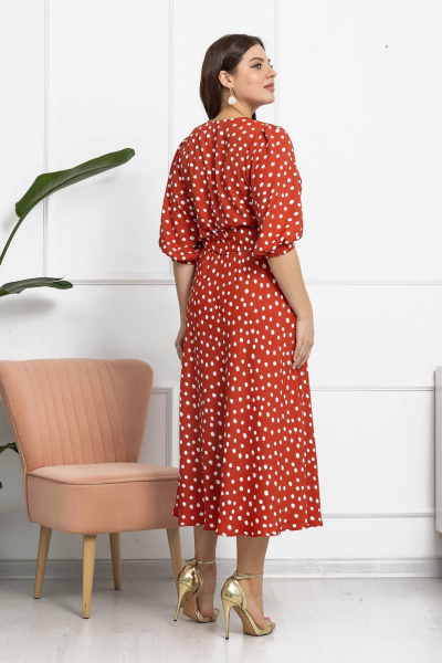 Платье в горошки с эффектным поясом и объемными рукавами Gold Style 2606 терракот - фото 2