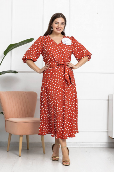 Платье в горошки с эффектным поясом и объемными рукавами Gold Style 2606 терракот - фото 8