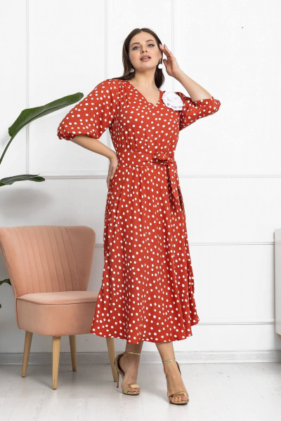 Платье в горошки с эффектным поясом и объемными рукавами Gold Style 2606 терракот - фото 7