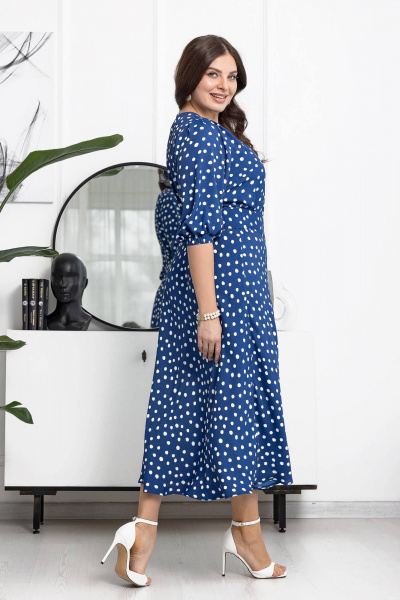 Платье в горошки с поясом и брошью ручной работы Gold Style 2606 синий_горох - фото 9