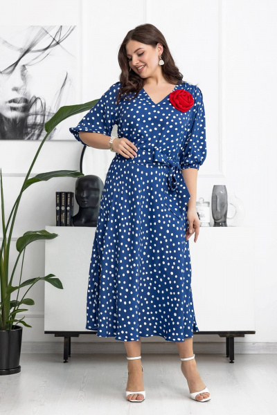 Платье в горошки с поясом и брошью ручной работы Gold Style 2606 синий_горох - фото 5