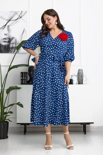 Платье в горошки с поясом и брошью ручной работы Gold Style 2606 синий_горох - фото 2