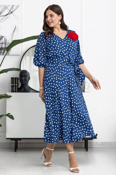 Платье в горошки с поясом и брошью ручной работы Gold Style 2606 синий_горох - фото 1