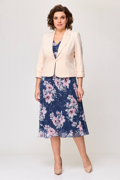 Костюм из шифона: платье и жакет с воланами Slaviaelit 166 синий+магнолии/пудровый - фото 7