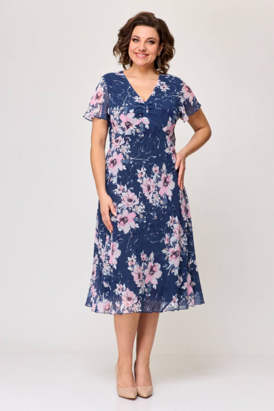 Костюм из шифона: платье и жакет с воланами Slaviaelit 166 синий+магнолии/пудровый - фото 3