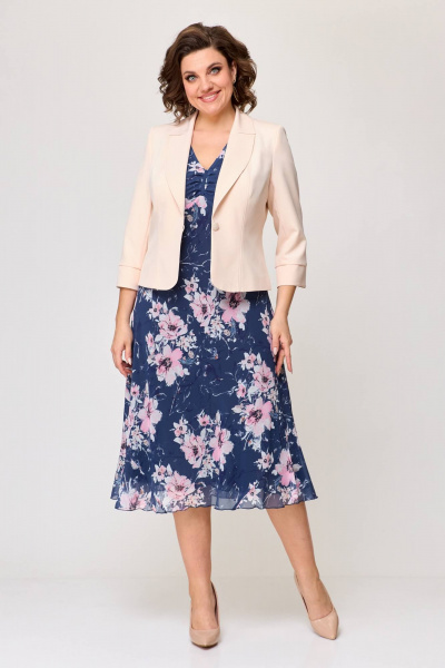 Костюм из шифона: платье и жакет с воланами Slaviaelit 166 синий+магнолии/пудровый - фото 1