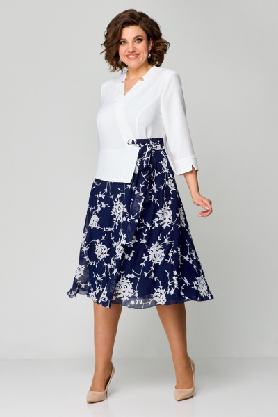 Белое и синее платье-имитация жакета и юбки миди Pocherk 1-036 синие_вензеля - фото 2