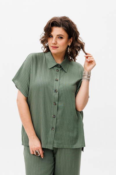 Льняной костюм брюки и рубашка с коротким рукавом для лето Anelli 1405 хаки - фото 3