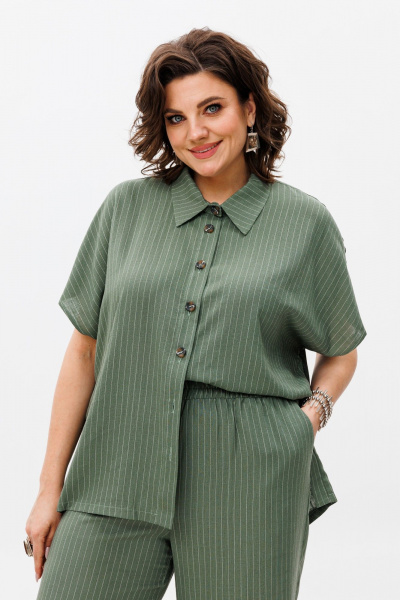 Льняной костюм брюки и рубашка с коротким рукавом для лето Anelli 1405 хаки - фото 2