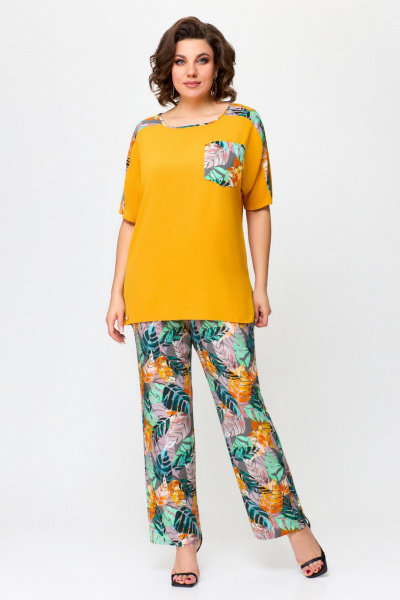 Костюм из туники и брюк с разрезами и накладными карманами Svetlana-Style 1567 горчица+листик - фото 1