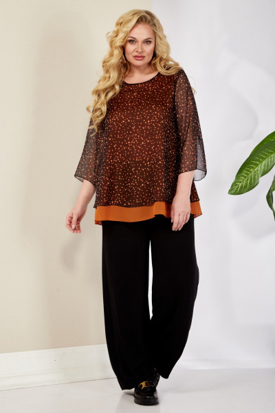Блуза и брюки из текстиля и шифона с карманами для каждодневного образа Anastasia 1099.3 терракот/черный - фото 3