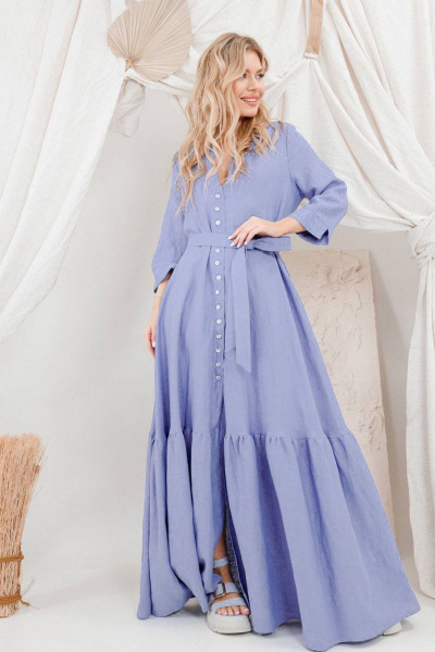 Льняное платье с карманами, сборками и поясом AMORI 9653 - фото 1