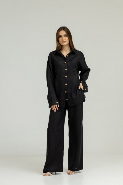 Демисезонный костюм из льна с палаццо и рубашкой Atelero 1053 черный - фото 1