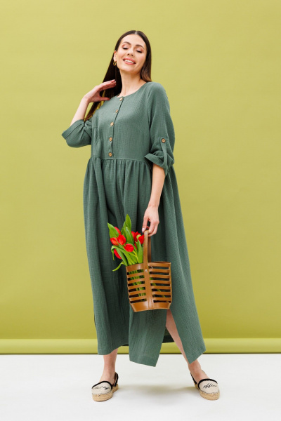 Зеленое платье свободного силуэта с отрезной линией талии Ларс Стиль 892 - фото 5