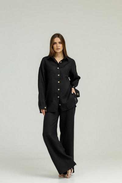 Брюки палаццо из льна с высокой посадкой и резинкой Atelero 1056 черный - фото 1