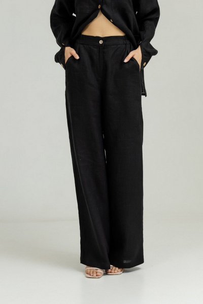 Брюки палаццо из льна с высокой посадкой и резинкой Atelero 1056 черный - фото 4