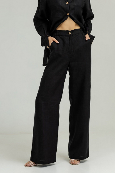 Брюки палаццо из льна с высокой посадкой и резинкой Atelero 1056 черный - фото 2