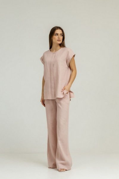 Льняной костюм: брюки палаццо и короткая блуза с складками Atelero 1075П пудровый - фото 2