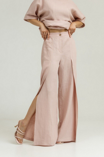 Палаццо брюки из льна с разрезами и резинкой Atelero 1085ЛП пудровый - фото 3