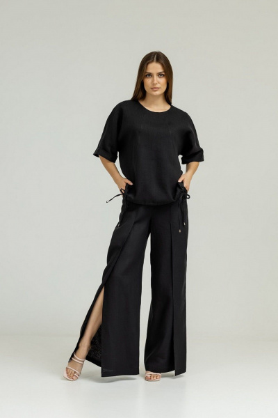 Брюки палаццо из льна с разрезом и складками Atelero 1085ЛЧ черный - фото 1