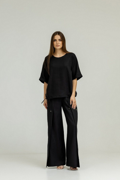 Брюки палаццо из льна с разрезом и складками Atelero 1085ЛЧ черный - фото 2