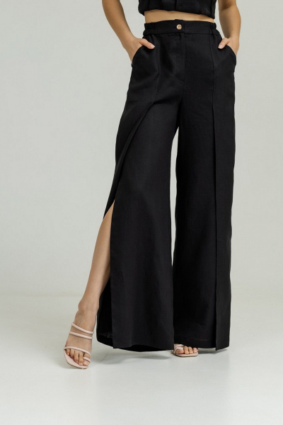Брюки палаццо из льна с разрезом и складками Atelero 1085ЛЧ черный - фото 3