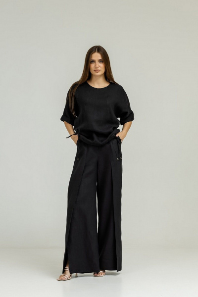 Костюм из льна с блузой кимоно и разрезом Atelero 1098Ч черный - фото 6