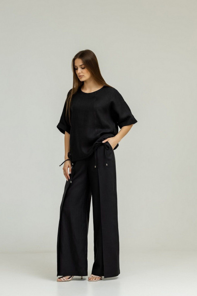 Костюм из льна с блузой кимоно и разрезом Atelero 1098Ч черный - фото 5